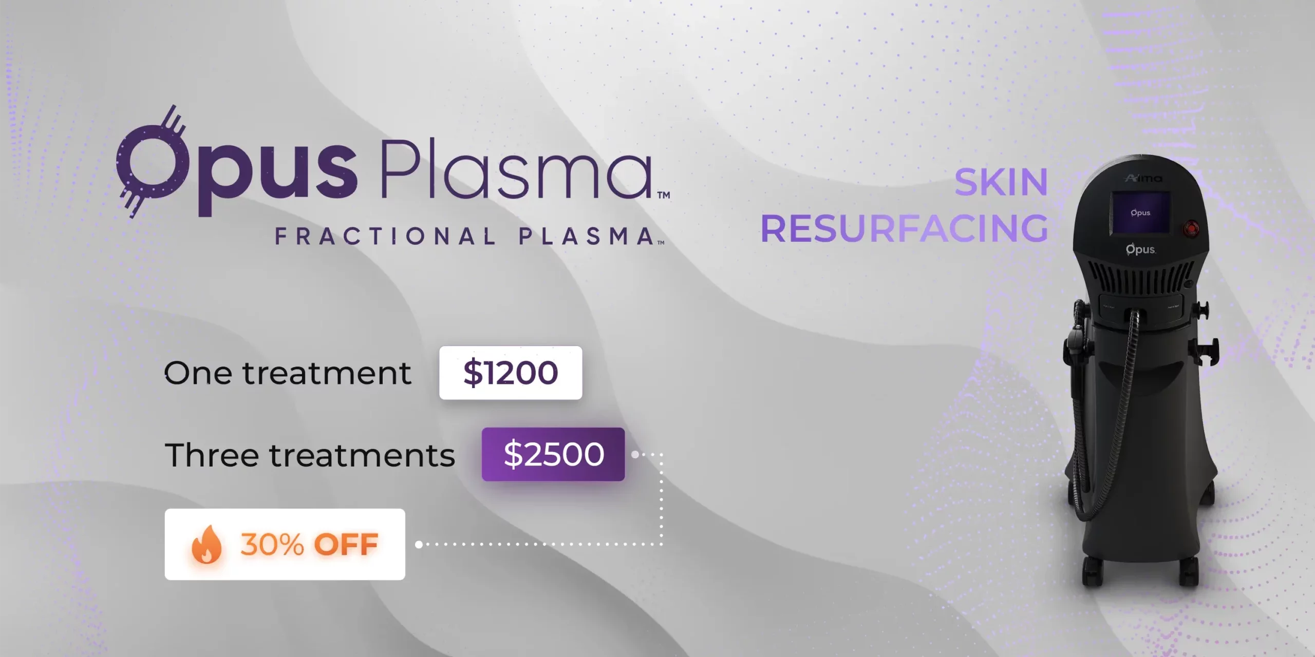 Opus plasma offer 30% off: One treatment - $1200; Three treatments - $2500